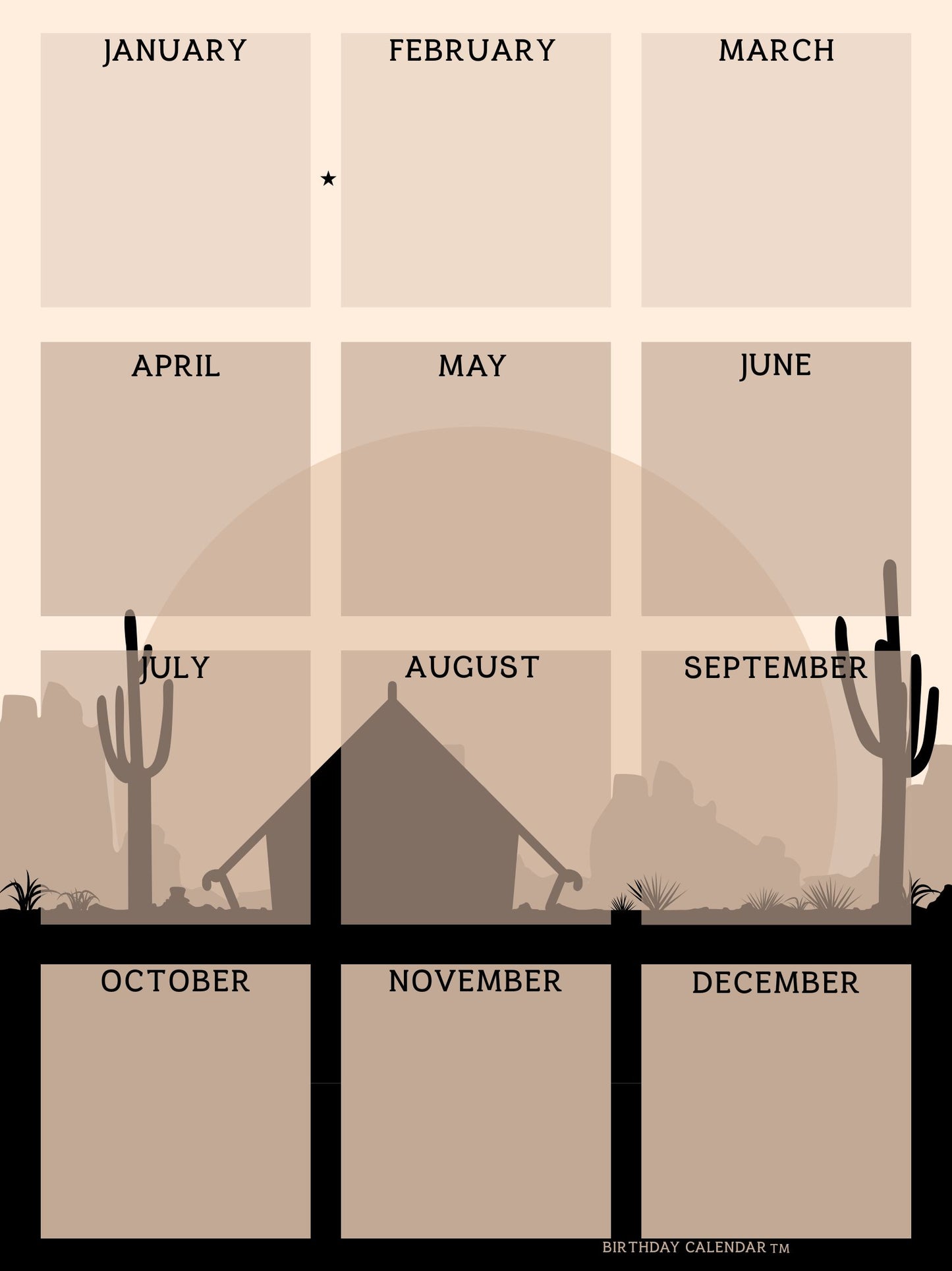 Birthday Calendar desert scene design with southwestern desert landscape, 18x24 perpetual wall calendar