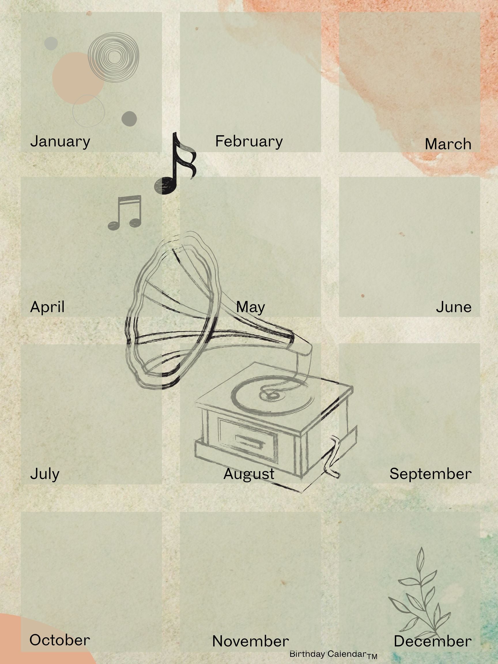Birthday Calendar music design with musical notes and instruments on textured-looking background, 18x24 perpetual wall calendar