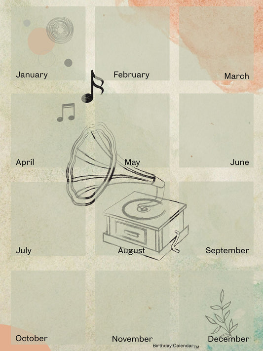 Birthday Calendar music design with musical notes and instruments on textured-looking background, 18x24 perpetual wall calendar