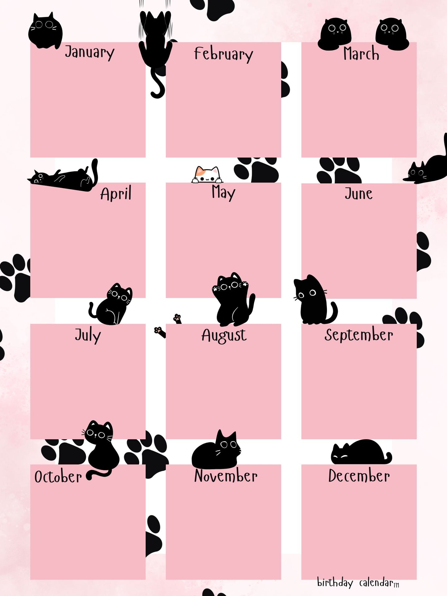 Birthday Calendar cats design with illustrated cat artwork, 18x24 perpetual wall calendar
