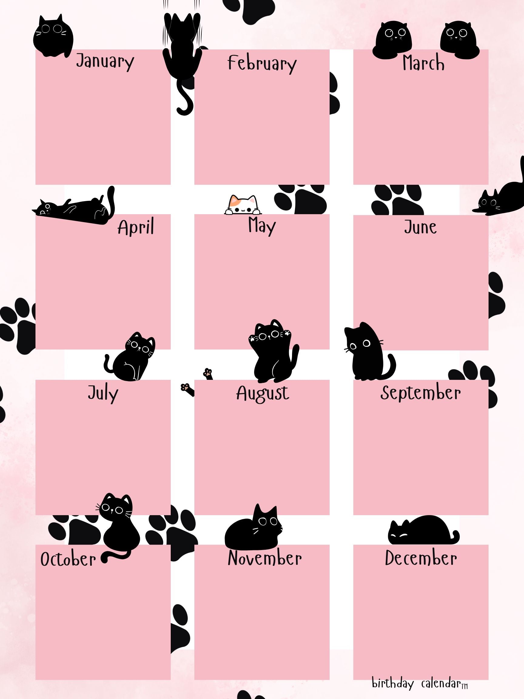 Birthday Calendar cats design with illustrated cat artwork, 18x24 perpetual wall calendar
