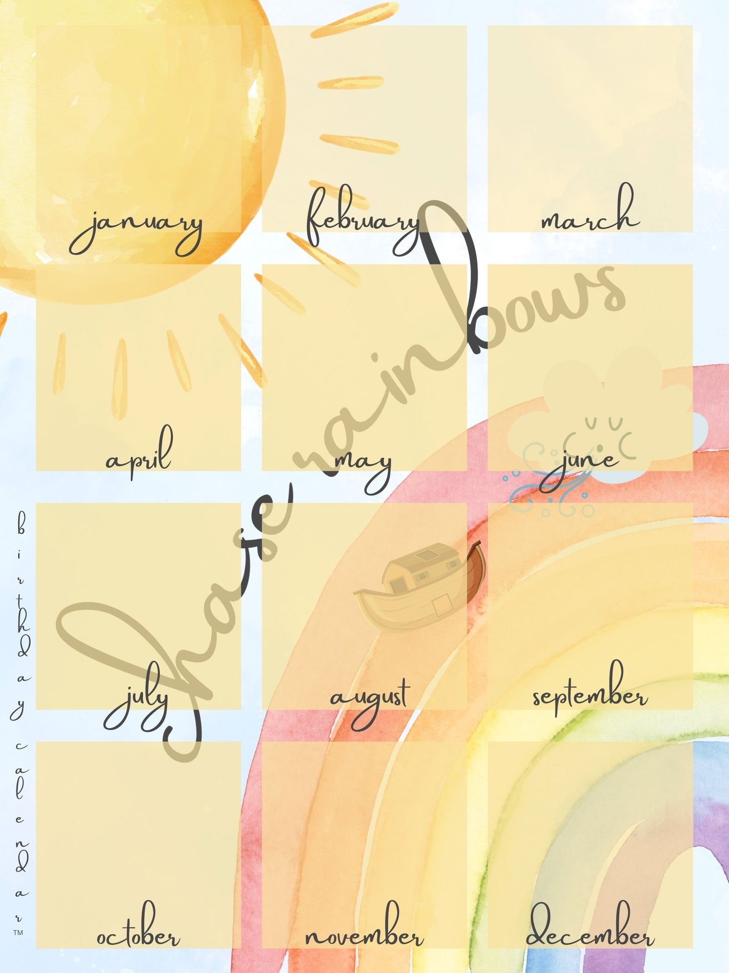Birthday Calendar chase rainbows design with colorful rainbow illustrations, 18x24 perpetual wall calendar