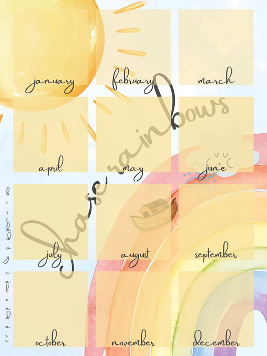 Birthday Calendar chase rainbows design with colorful rainbow illustrations, 18x24 perpetual wall calendar