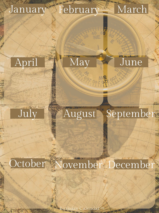 Birthday Calendar compass design with vintage compass illustration on textured-looking background, 18x24 perpetual wall calendar