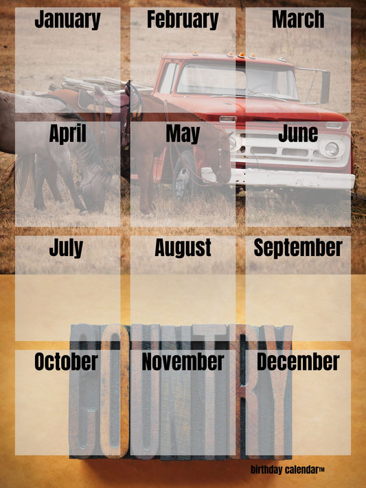 Birthday Calendar country design with rustic country-themed artwork, 18x24 perpetual wall calendar