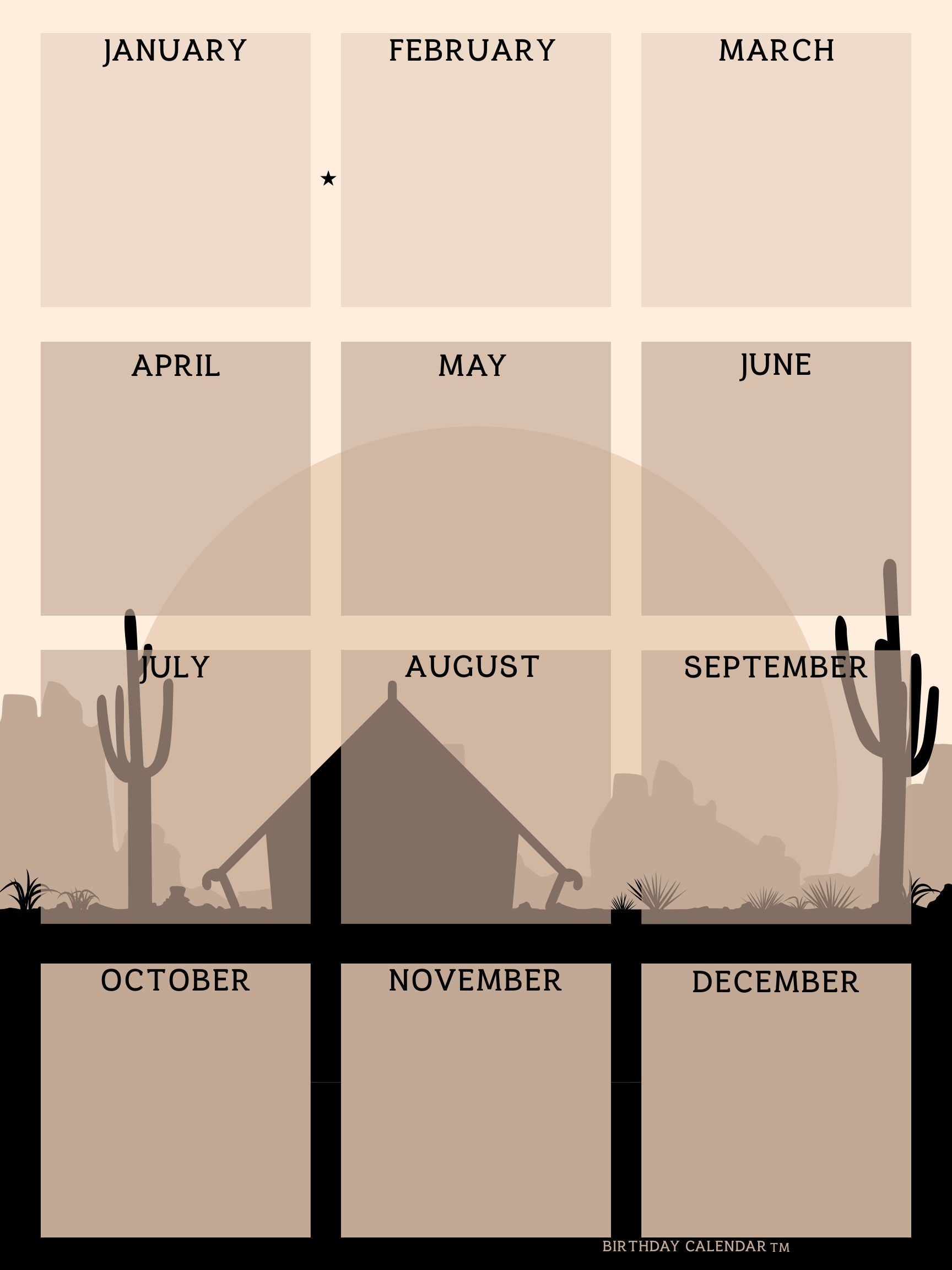 Birthday Calendar desert scene design with southwestern desert landscape, 18x24 perpetual wall calendar