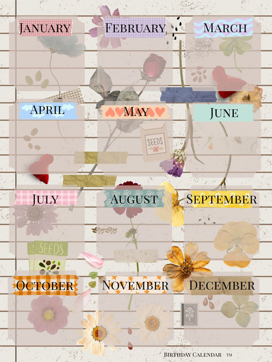 Birthday Calendar dried flowers design with botanical dried flower illustrations, 18x24 perpetual wall calendar