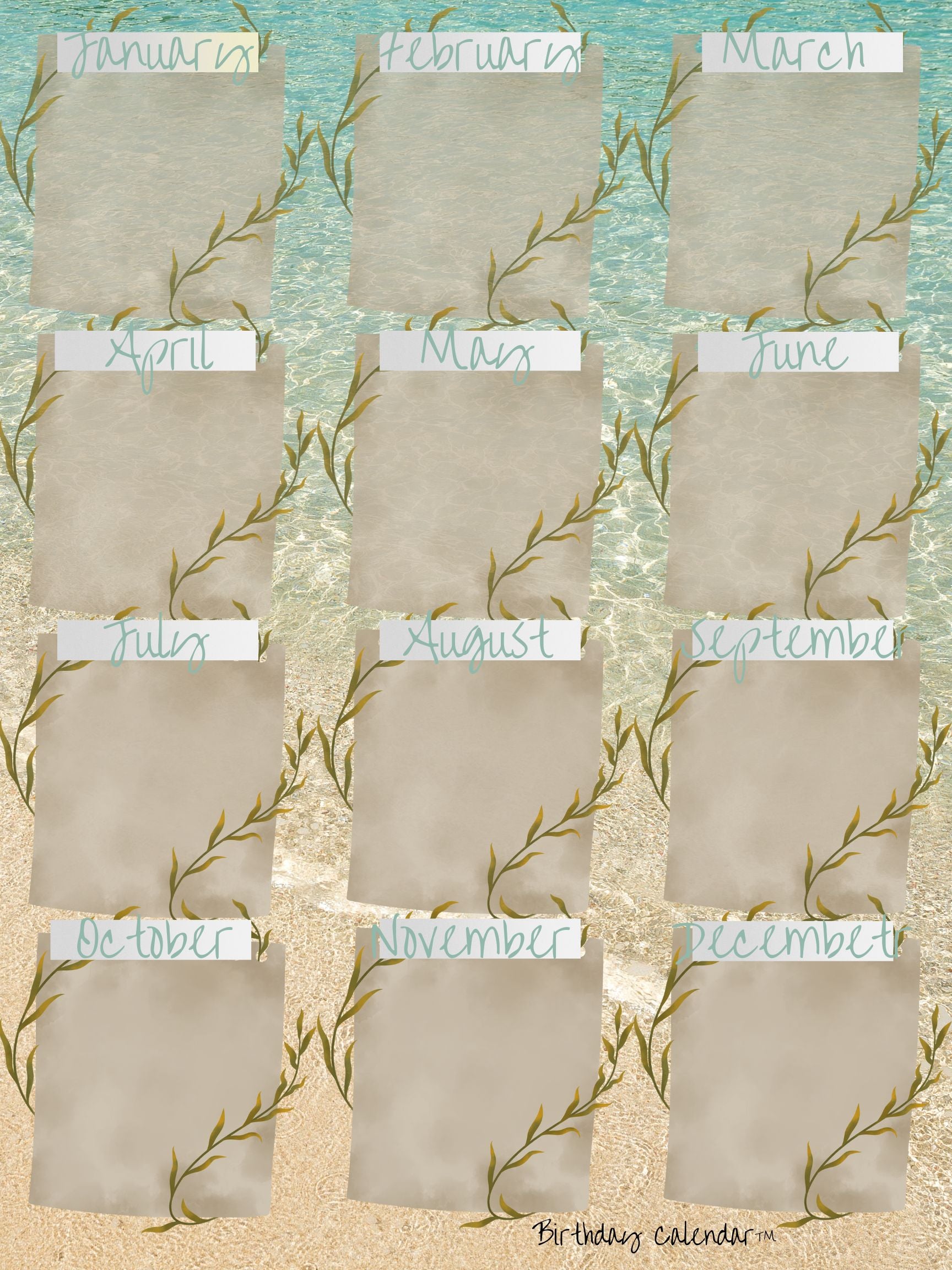 Birthday Calendar ocean design with coastal and sea-themed artwork on textured-looking background, 18x24 perpetual wall calendar