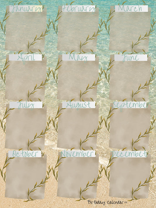 Birthday Calendar ocean design with coastal and sea-themed artwork on textured-looking background, 18x24 perpetual wall calendar