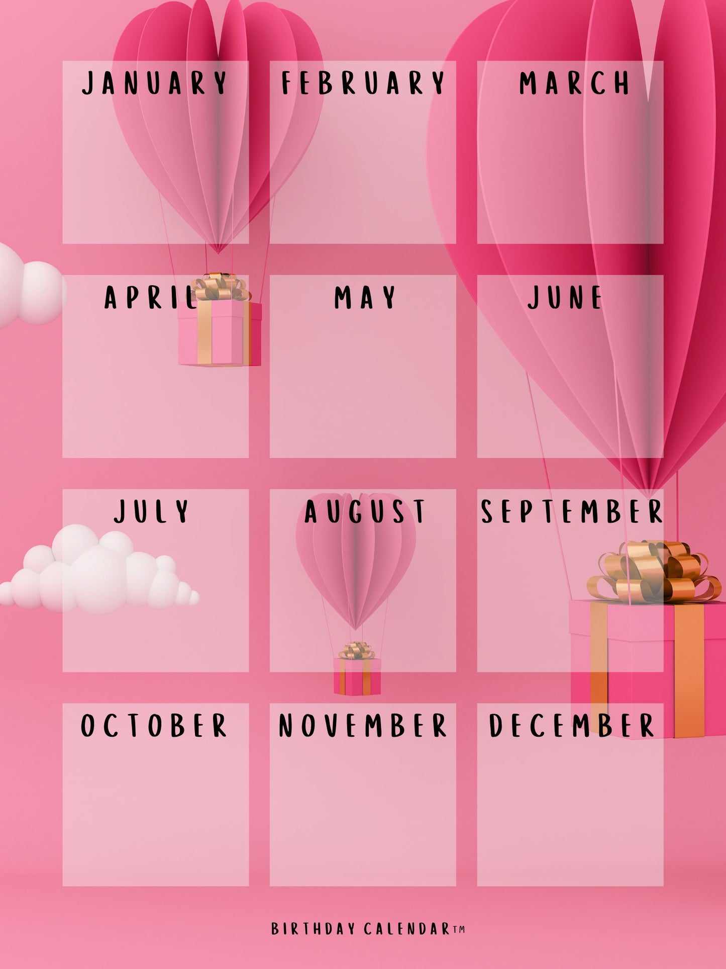 Birthday Calendar pink balloons design with festive pink balloon illustrations, 18x24 perpetual wall calendar