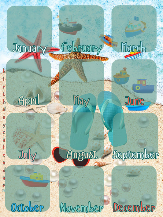 Birthday Calendar by the sea design with coastal seaside artwork, 18x24 perpetual wall calendar